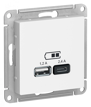 Розетка СП 2-м 5В 1 порт x 2,4А 2 порт х 1,2А механизм USB  (белый) Atlas ATN000139