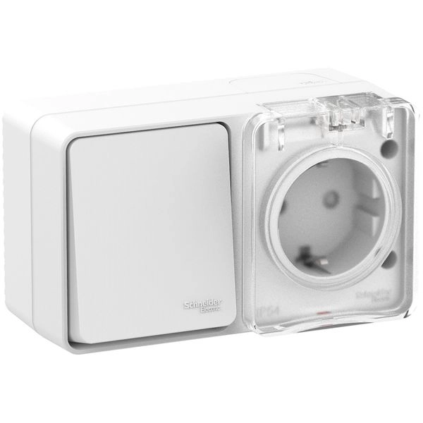 Блок ОП розетка 16А 250В с заземл. защ. шторки   1-кл. выключатель 10А IP54 бел. Profi54 ATN540170 в каталоге ЮгКабель