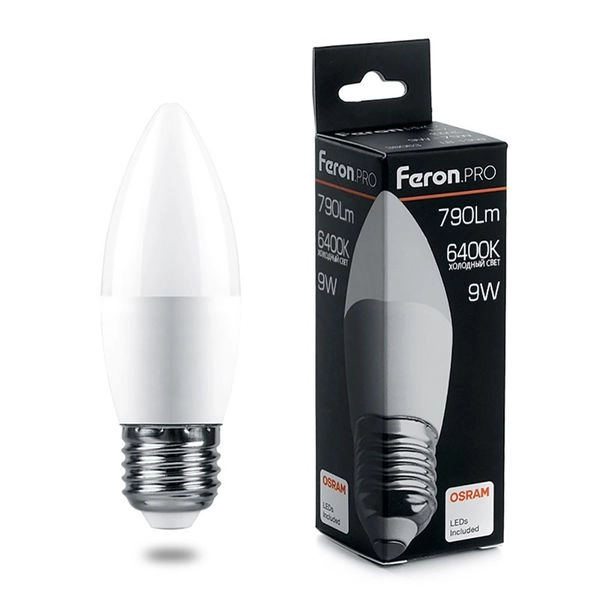 Лампа светодиод. LED   9W 6400К 790Лм Е27 50т.ч. C37 (114х37) (аналог 75W) свеча LB-1309 OSRAM LED 38064 Лампа светодиод. LED   9W 6400К 790Лм Е27 50т.ч. C37 (114х37) (аналог 75W) свеча LB-1309 OSRAM LED 38064 в каталоге ЮгКабель