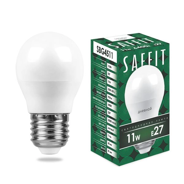 Лампа светодиод. LED 11W 6400К 905Лм Е27 30т.ч. G45 (81х45) (аналог 120W) шар SBG4511 55141 Лампа светодиод. LED 11W 6400К 905Лм Е27 30т.ч. G45 (81х45) (аналог 120W) шар SBG4511 55141 в каталоге ЮгКабель