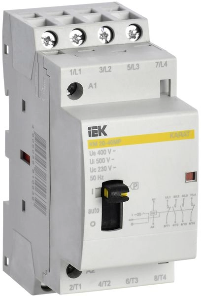 Контактор модульный 4Р 20А 4HO 230В с ручным управл. КМ20-40МР AC KARAT MKK12-20-40 в каталоге ЮгКабель