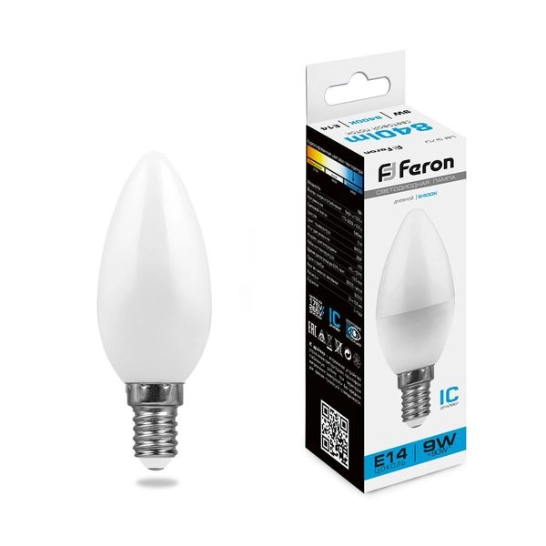 Лампа светодиод. LED  9W 6400К 820Лм Е14 30т.ч. C35 (105х37) (аналог 90W) свеча LB-570 IC 25800 Лампа светодиод. LED  9W 6400К 820Лм Е14 30т.ч. C35 (105х37) (аналог 90W) свеча LB-570 IC 25800 в каталоге ЮгКабель