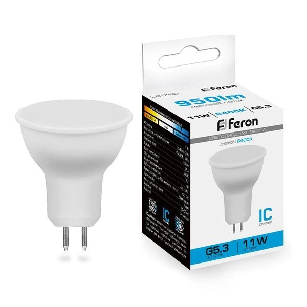 Лампа светодиод. LED 11W 6400К 950Лм MR16 GU5.3 30т.ч. 220V (57х50) (аналог 110W) LB-760 38139 Лампа светодиод. LED 11W 6400К 950Лм MR16 GU5.3 30т.ч. 220V (57х50) (аналог 110W) LB-760 38139 в каталоге ЮгКабель