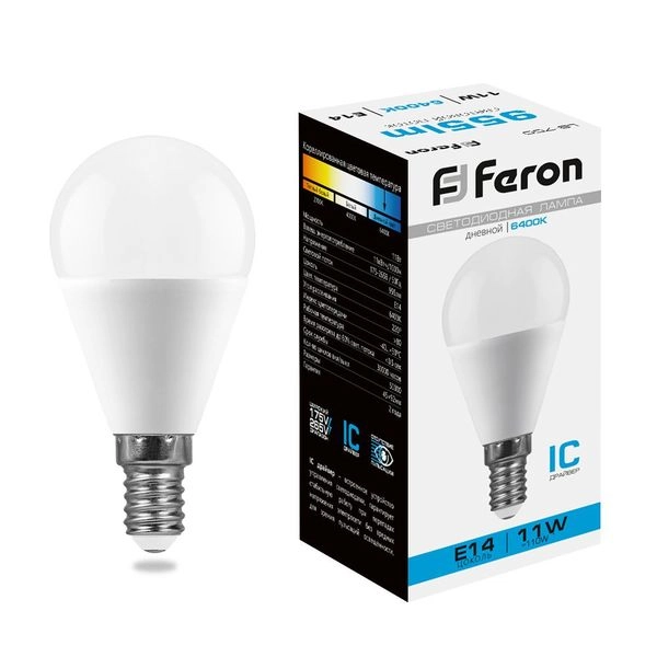 Лампа светодиод. LED 11W 6500К 955Лм Е14 30т.ч. G45 (92х45) (аналог 110W) шар LB-750 IC 25948 Лампа светодиод. LED 11W 6500К 955Лм Е14 30т.ч. G45 (92х45) (аналог 110W) шар LB-750 IC 25948 в каталоге ЮгКабель