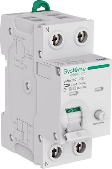 Диф. автомат 2Р С20А/30мА 6кА тип AC (АВДТ) Systeme9 Systeme Electric S9D51620 в каталоге ЮгКабель