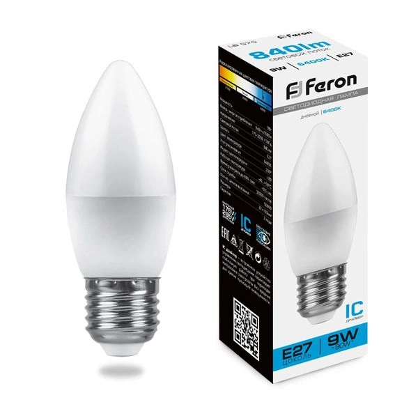 Лампа светодиод. LED   9W 6400К 840Лм Е27 30т.ч. C35 (100х37) (аналог 70W) свеча LB-570 IC 25938 Лампа светодиод. LED   9W 6400К 840Лм Е27 30т.ч. C35 (100х37) (аналог 70W) свеча LB-570 IC 25938 в каталоге ЮгКабель