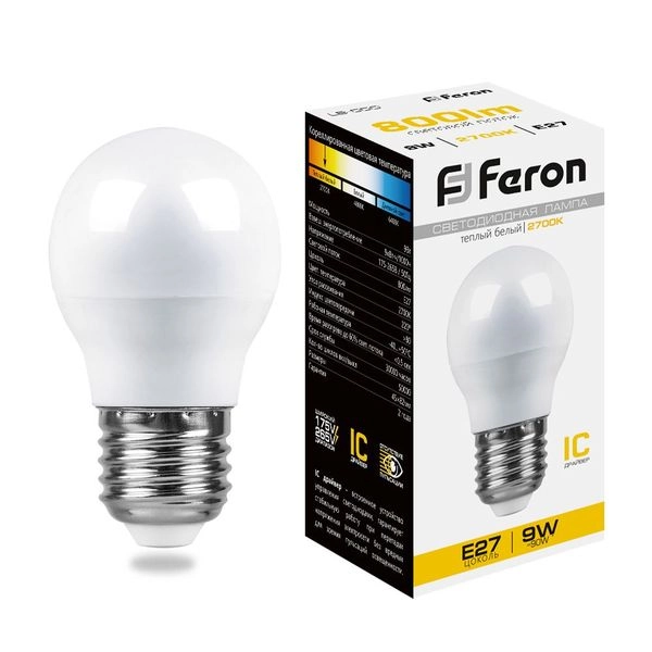 Лампа светодиод. LED  9W 2700К 800Лм Е27 30т.ч. G45 (82х45) (аналог 90W) шар LB-550 25804 Лампа светодиод. LED  9W 2700К 800Лм Е27 30т.ч. G45 (82х45) (аналог 90W) шар LB-550 25804 в каталоге ЮгКабель