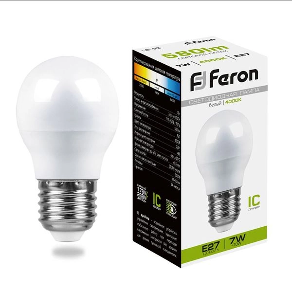 Лампа светодиод. LED  7W 4000К 600Лм Е27 30т.ч. G45 (82х45) (аналог 60W) шар LB-95 25482 Лампа светодиод. LED  7W 4000К 600Лм Е27 30т.ч. G45 (82х45) (аналог 60W) шар LB-95 25482 в каталоге ЮгКабель