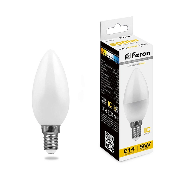 Лампа светодиод. LED  9W 2700К 800Лм Е14 30т.ч. C35 (105х37) (аналог 90W) свеча LB-570 IC 25798 Лампа светодиод. LED  9W 2700К 800Лм Е14 30т.ч. C35 (105х37) (аналог 90W) свеча LB-570 IC 25798 в каталоге ЮгКабель