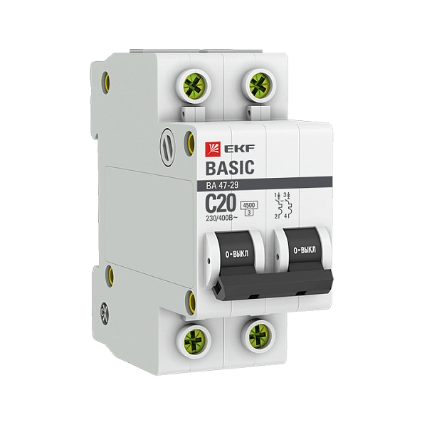 Выкл. автомат. 2Р С20А 4,5кА ВА 47-29 EKF Basic mcb4729-2-20C в каталоге ЮгКабель