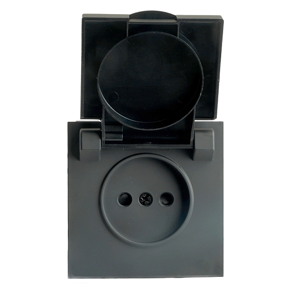 Розетка СП 1-м без з/к с крышкой с шторк. механизм IP42 (черный уголь) soft touch Эмили RST16-5113-0 49852 в каталоге ЮгКабель