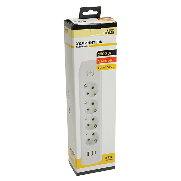 Удлинитель бытовой 3 м, 4-х местн., с з/к, выкл. (ПВС 3х1мм2) 2USB 1Type-C 2,4А HM08-43-02 49978 Удлинитель бытовой 3 м, 4-х местн., с з/к, выкл. (ПВС 3х1мм2) 2USB 1Type-C 2,4А HM08-43-02 49978 в каталоге ЮгКабель