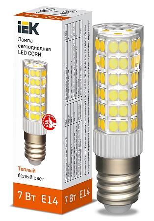 Лампа светодиод. LED  7W 3000К 665Лм Е14 30т.ч. (66х16) (аналог 40W) CORN LLE-CORN-7-230-30-E14