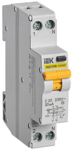 Диф. автомат 2Р С20А/30мА 6кА (1мод.) тип A (АВДТ32МL) KARAT IEK MVD12-1-020-C-030-A в каталоге ЮгКабель
