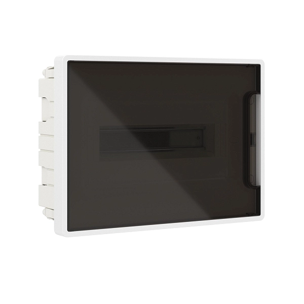 Щиток 12 мод встраиваемый FRAME, белый, с тонированной дверцей, с 2 шинами PEN на 6 и 8 отв. F12B1WD в каталоге ЮгКабель