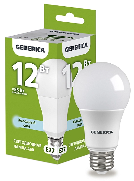 Лампа светодиод. LED 12W 6500К 1200Лм E27 15т.ч. A60 (108х60) GENERICA LL-A60-12-230-65-E27-G Лампа светодиод. LED 12W 6500К 1200Лм E27 15т.ч. A60 (108х60) GENERICA LL-A60-12-230-65-E27-G в каталоге ЮгКабель