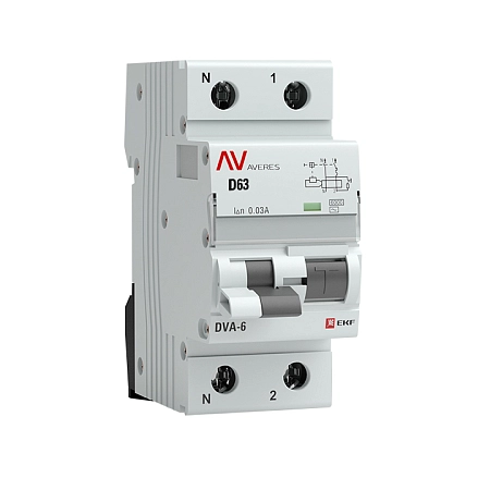 Дифференциальный автомат DVA-6 1P N 63А (D)  30мА (AC) 6кА EKF AVERES rcbo6-1pn-63D-30-ac-av