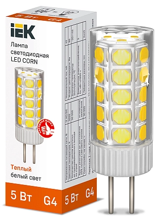 Лампа светодиод. LED 5W 3000К 285 лм CORN капсула G4 30т.ч. 12V (45х17) (AC/DC) LLE-CORN-5-012-30-G4