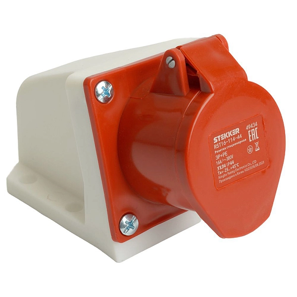 Розетка силовая 3-ф., 16А, 380В, IP44 (4-п, настен.) ST-114 , RST16-114-44 Stekker 49434 в каталоге ЮгКабель