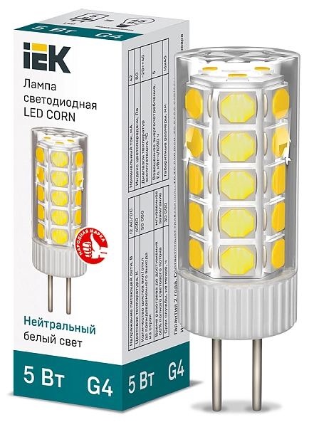 Лампа светодиод. LED 5W 4000К 285 лм CORN капсула G4 30т.ч. 12V (45х17) (AC/DC) LLE-CORN-5-012-40-G4 Лампа светодиод. LED 5W 4000К 285 лм CORN капсула G4 30т.ч. 12V (45х17) (AC/DC) LLE-CORN-5-012-40-G4 в каталоге ЮгКабель