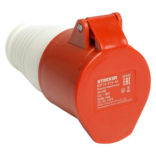 Розетка силовая 3-ф., 16А, 380В, IP44 (4-п) переносная, ST-214, RST16-214-44 Stekker 49440 в каталоге ЮгКабель