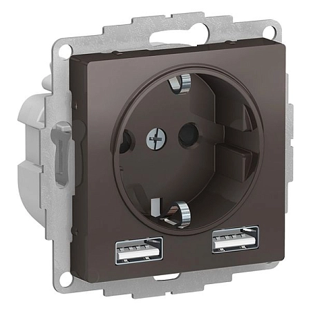 Розетка 1-м СП 16А IP20 с 2-мя заряд. устр. USB тип A A 5В/2.4А 2х5В/1.2А механизм мокко ATN000630