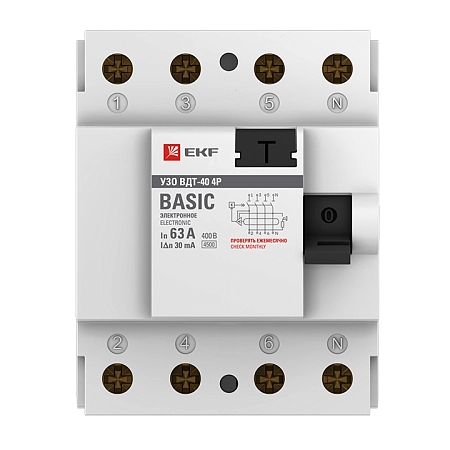 УЗО 4Р 63А/30мА (ВДТ-40) (электронное) EKF Basic elcb-4-63-30e-sim - купить по низкой цене в Краснодаре | ЮгКабель