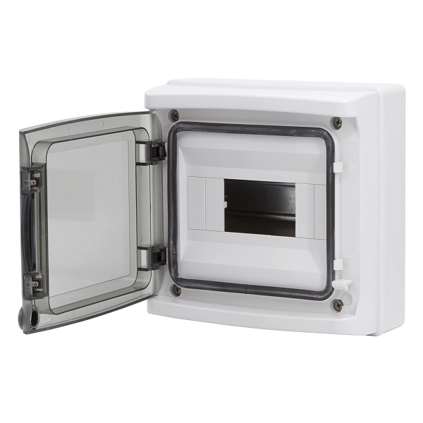 Щит настен.   8 мод. (215х210х100) IP65 серый, с клеммным блоком 63А, с дверцей, RAMbase RB08W6TGD в каталоге ЮгКабель