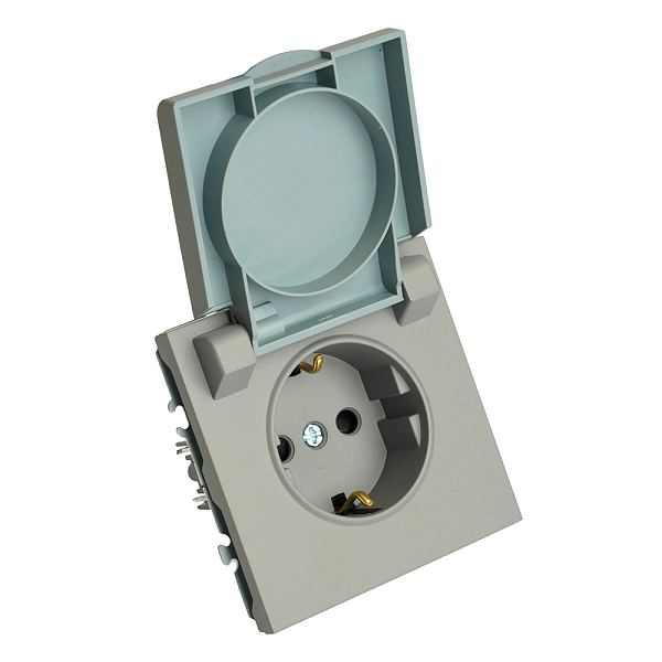 Розетка СП 1-м с з/к с крышкой с шторк. механизм IP42 (платиново-сер) soft touch Эмили RST16-5112-10 49959 в каталоге ЮгКабель