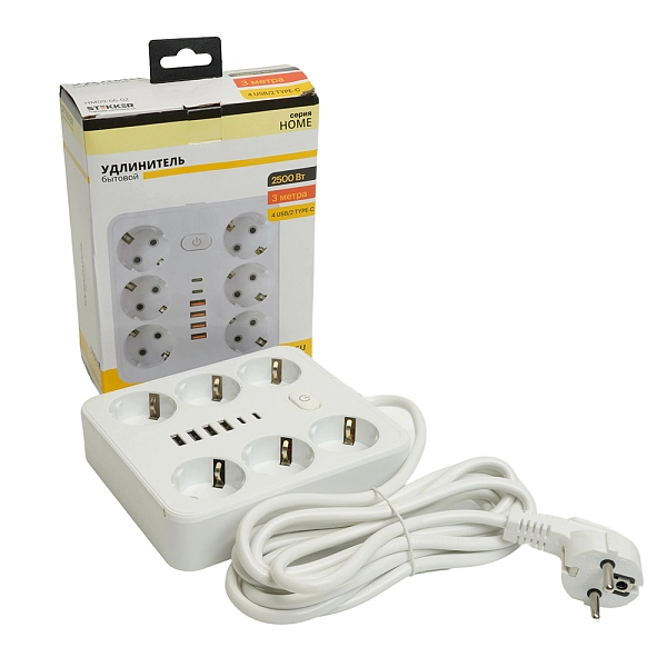 Удлинитель бытовой 3 м, 6-х местн., с з/к, выкл. (ПВС 3х1мм2) 4USB 2Type-C 2,4А HM09-66-02 49982 Удлинитель бытовой 3 м, 6-х местн., с з/к, выкл. (ПВС 3х1мм2) 4USB 2Type-C 2,4А HM09-66-02 49982 в каталоге ЮгКабель