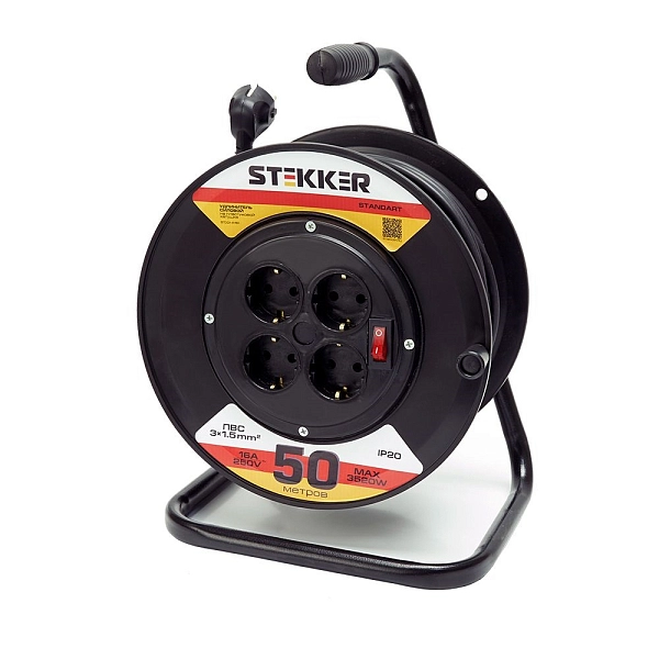 Удлинитель силовой 50 м, 4-х местн., катушка пласт. с з/м, ПВС 3х1,5мм2 IP44 Standart STD01-41-50 39220 в каталоге ЮгКабель