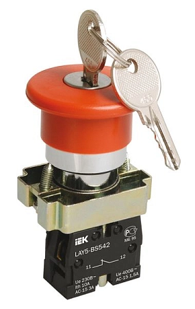 Кнопка LAY5-BS142 "Грибок"с ключом  красный d22мм  240В 1р BBG50-LAY5-K04