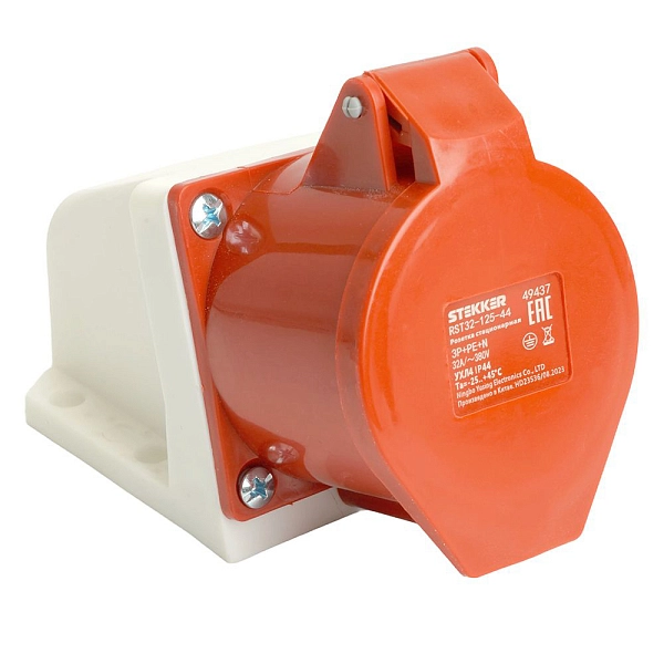 Розетка силовая 3-ф., 32А, 380В, IP44 (5-п, настен.) ST-125 , RST32-125-44 Stekker 49437 в каталоге ЮгКабель